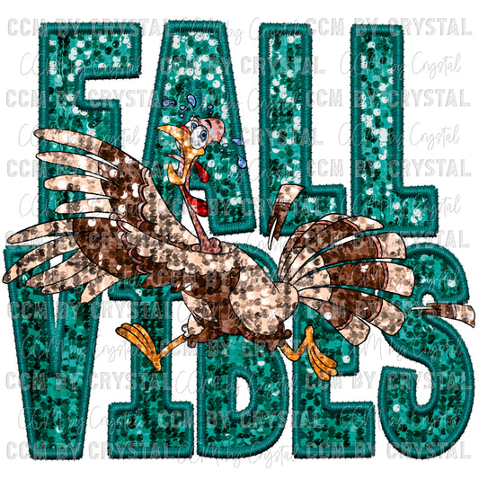 Fall Vibes Scared Turkey Thanksgiving Faux Embroidery Faux Sequins PNG Digital File ONLY