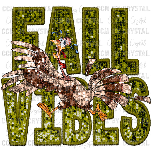 Fall Vibes Scared Turkey Thanksgiving Faux Embroidery Faux Sequins PNG Digital File ONLY