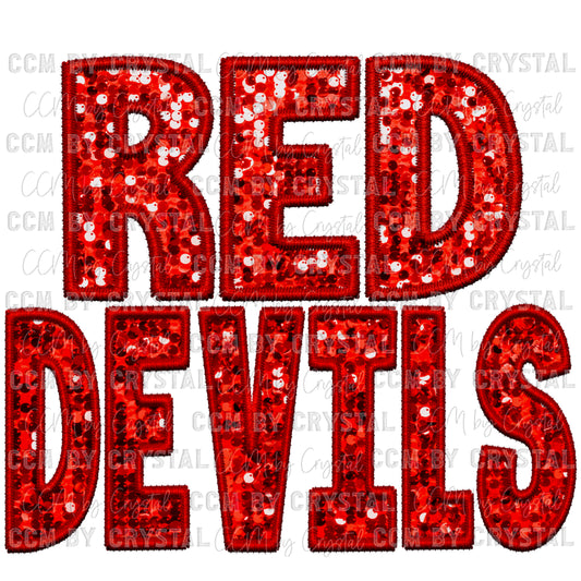 Red Devils Faux Embroidery Faux Sequins Ready To Press Transfer
