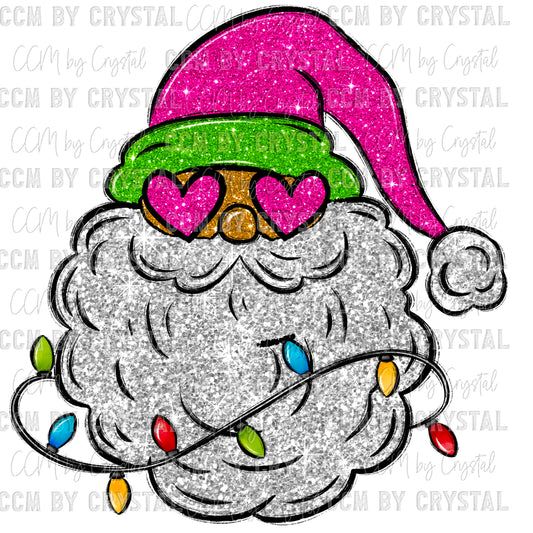 Pink Glitter Santa Christmas Faux Embroidery Faux Sequins Ready To Press Transfer DTF Sublimation