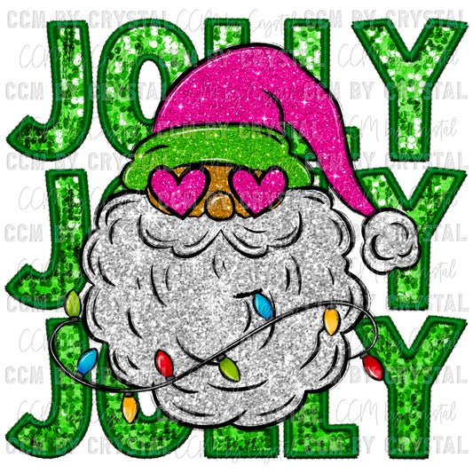 Jolly Pink Glitter Santa Christmas Faux Embroidery Faux Sequins Ready To Press Transfer DTF Sublimation