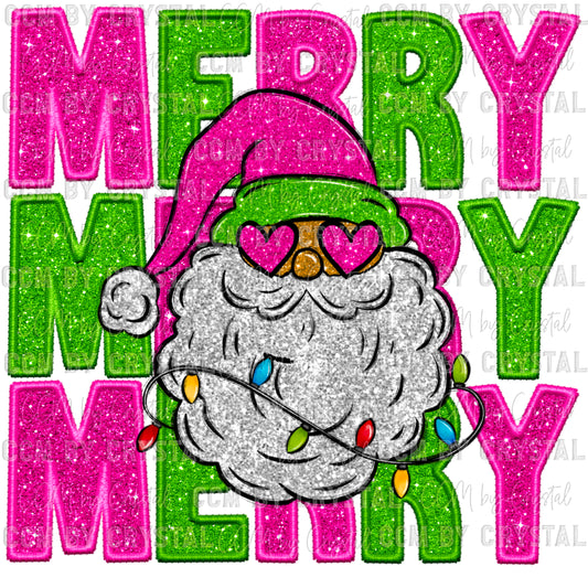 Merry Santa Pink Glitter Santa Christmas Faux Embroidery Faux Sequins PNG Digital File ONLY