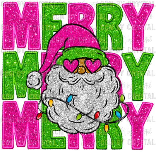 Merry Pink Glitter Santa Christmas Faux Embroidery Faux Sequins Ready To Press Transfer DTF Sublimation
