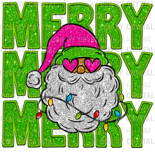 Merry Pink Glitter Santa Christmas Faux Embroidery Faux Sequins Ready To Press Transfer DTF Sublimation