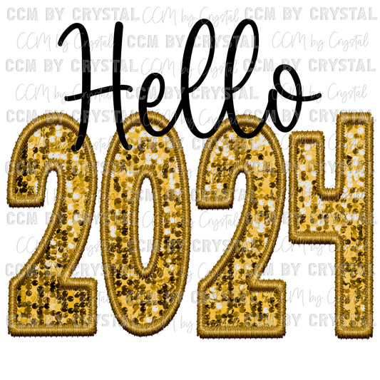 Hello 2024 New Year Faux Embroidery Faux Sequins PNG Digital File ONLY