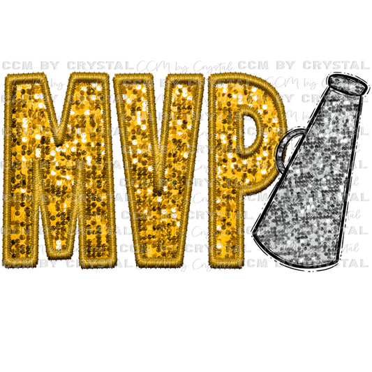 MVP Cheer Megaphone Faux Embroidery Faux Sequins Ready To Press Transfer DTF Sublimation