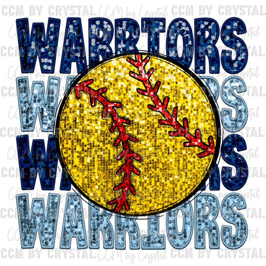 Warriors Softball Faux Embroidery Faux Sequins Ready To Press Transfer DTF Sublimation