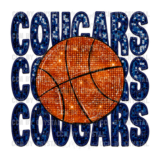 Cougars Basketball Faux Embroidery Faux Sequins PNG Digital File ONLY