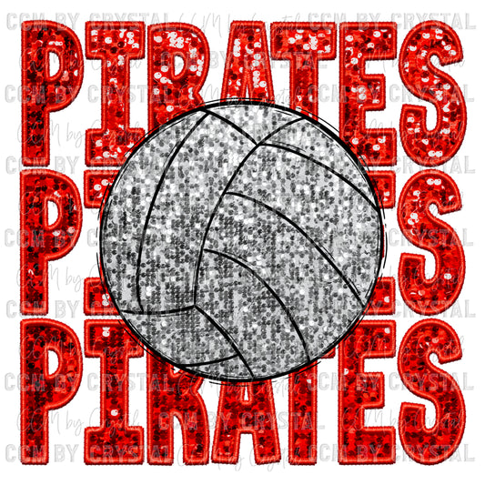 Pirates Volleyball Faux Embroidery Faux Sequins Ready To Press Transfer DTF Sublimation