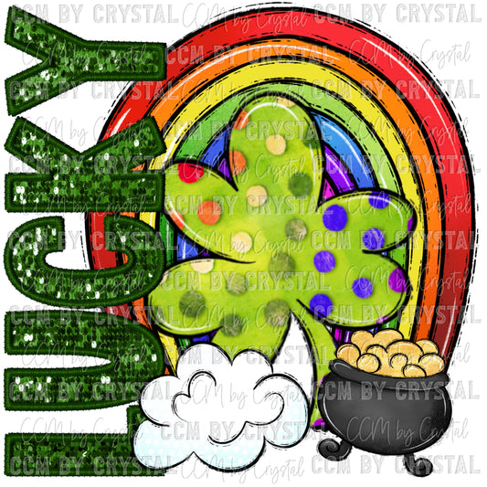 Lucky St Patrick’s Day Faux Embroidery Faux Sequins PNG Digital File ONLY