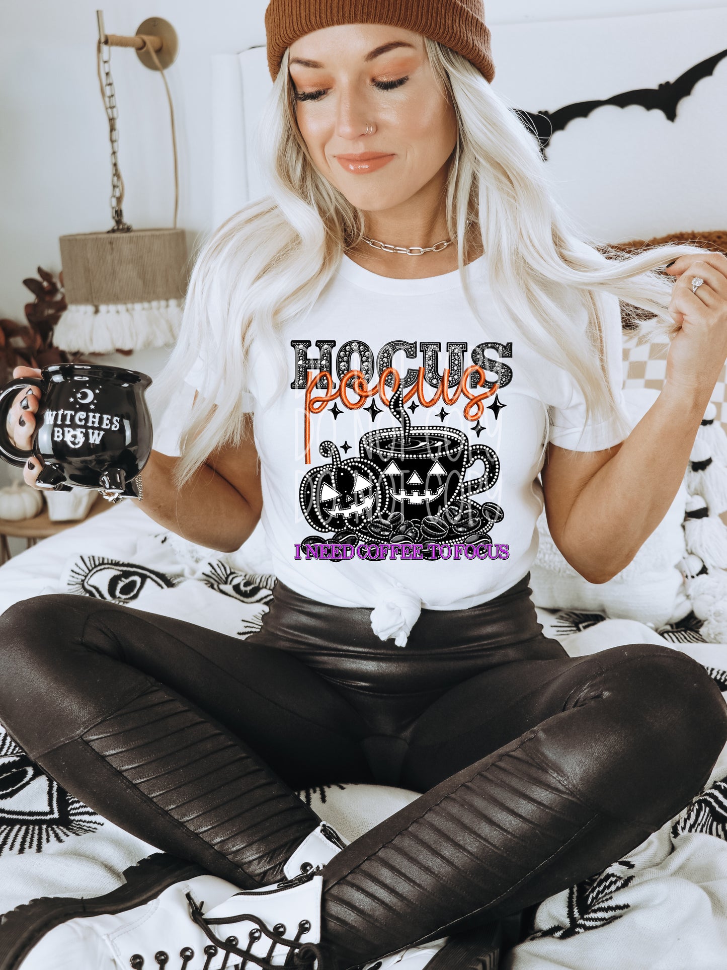 I Need Coffee to Focus Halloween Faux Rhinestone Effect Ready to Press Transfer DTF Transfer Sublimation Transfer