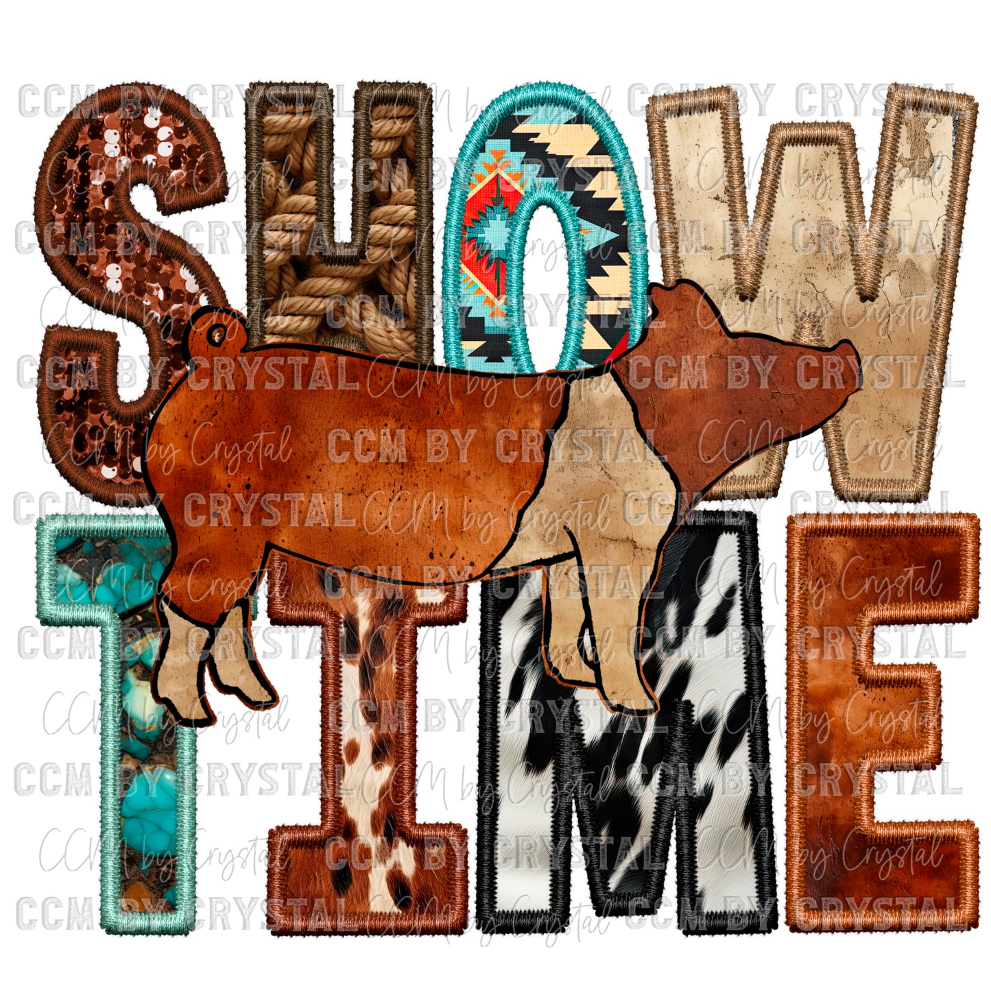 Show Time Stock Show Pig Rodeo Western Faux Embroidery PNG Digital File ONLY