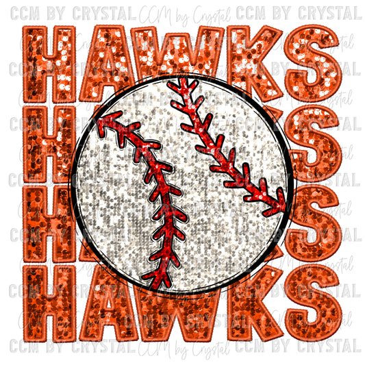 Hawks Baseball Faux Sequins Faux Embroidery PNG Digital File ONLY