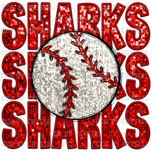 Sharks Baseball Faux Sequins Faux Embroidery Mascot Ready to Press Transfer