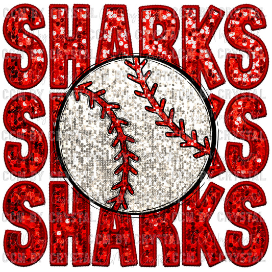 Sharks Baseball Faux Embroidery Faux Sequins PNG Digital File ONLY