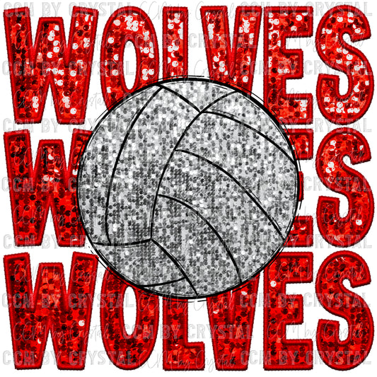 Wolves Volleyball Faux Sequins Faux Embroidery Mascot Ready to Press Transfer