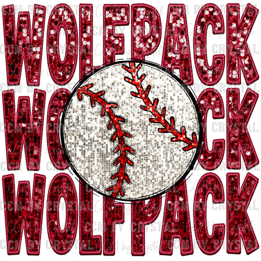 Wolf Pack Baseball Faux Sequins Faux Embroidery Mascot Ready to Press Transfer
