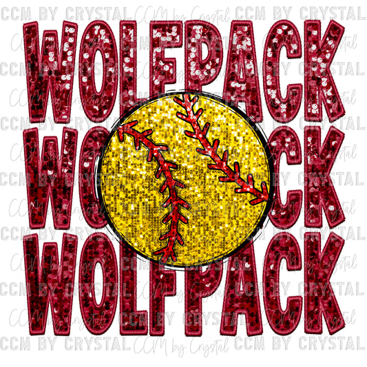 Wolf Pack Softball Faux Sequins Faux Embroidery Mascot Ready to Press Transfer