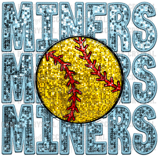 Miners Softball Faux Sequins Faux Embroidery Mascot Ready to Press Transfer