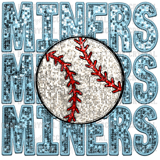 Miners Baseball Faux Sequins Faux Embroidery Mascot Ready to Press Transfer