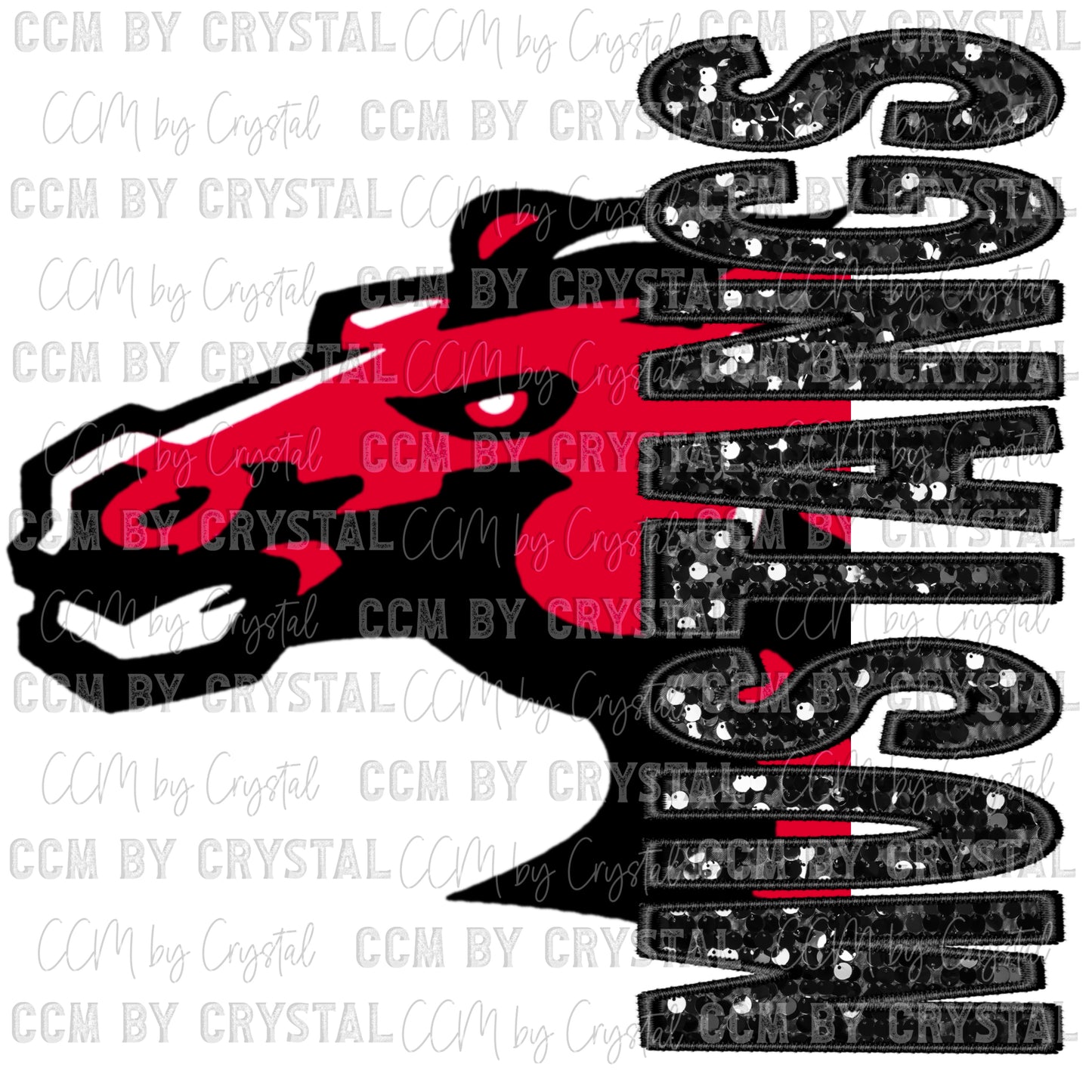 Mustangs Faux Sequins Faux Embroidery Mascot Ready to Press Transfer