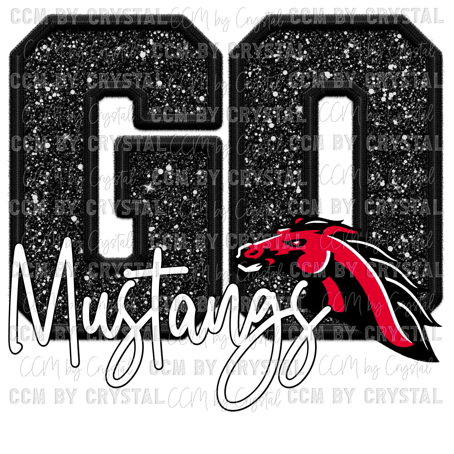 Go Mustangs Faux Sequins Faux Embroidery Mascot Ready to Press Transfer