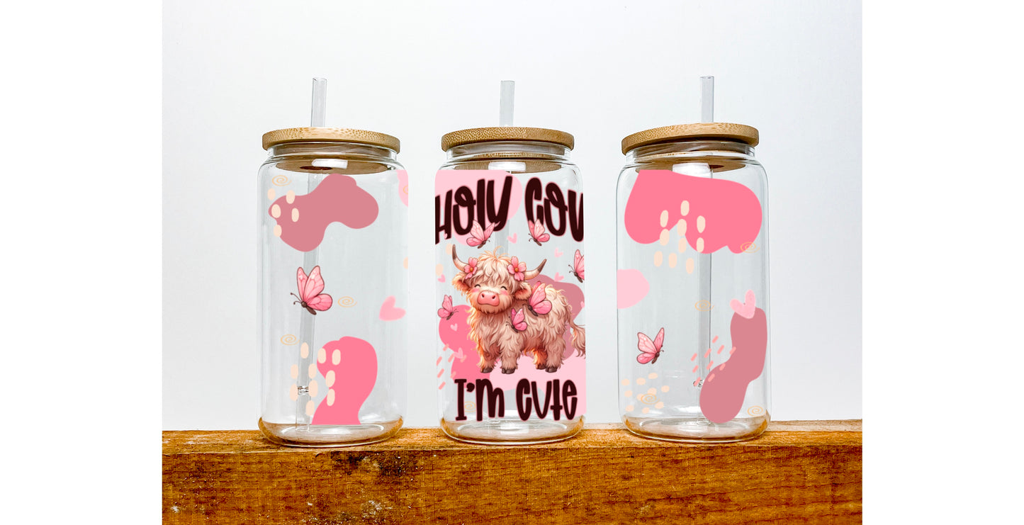 Holy Cow I’m Cute Highland Cow UV Transfer 16oz Libby Glass Can Wrap Ready to Apply