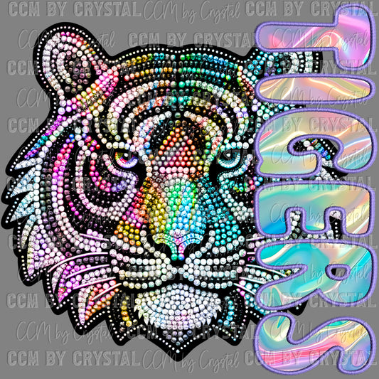 Tigers iridescent  Holo Mascot Ready to Press Transfer DTF Transfer Sublimation Transfer