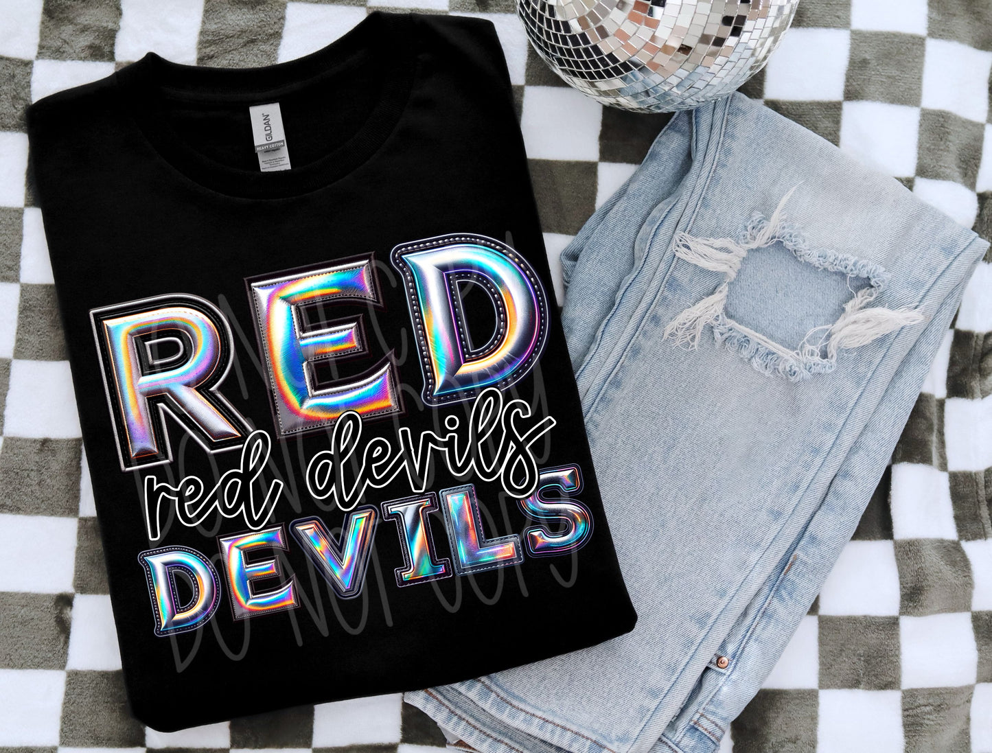 Red Devils Mascot Iridescent Effect Ready to Press Transfer DTF Transfer Sublimation Transfer