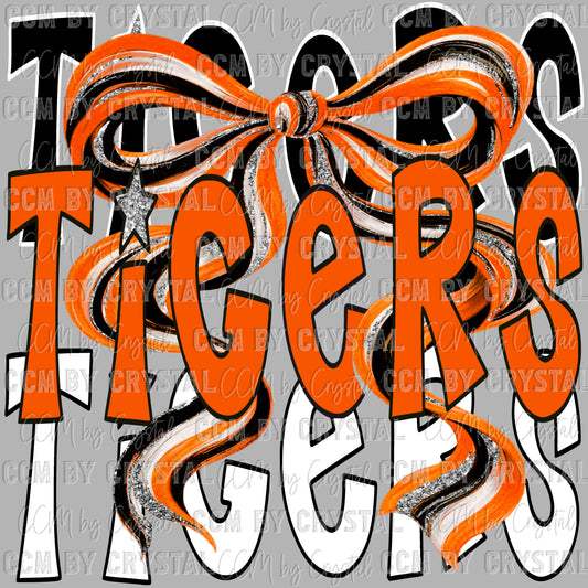 Tigers Bow Orange Black and white Mascot Ready to Press Transfer DTF Transfer Sublimation Transfer