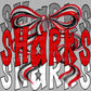 Sharks Bow Red Black and white Mascot Ready to Press Transfer DTF Transfer Sublimation Transfer