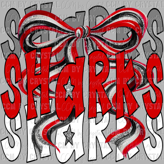 Sharks Bow Red Black and white Mascot Ready to Press Transfer DTF Transfer Sublimation Transfer