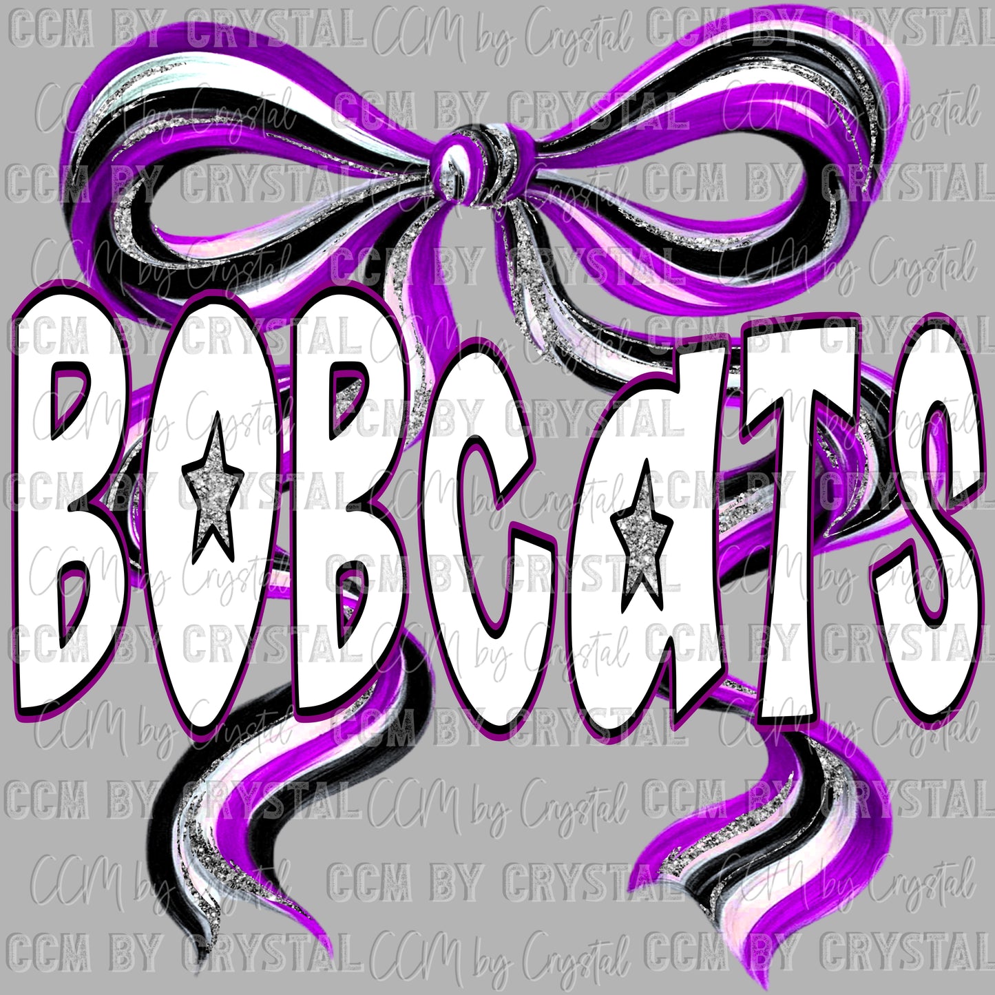 Bobcats Long Tail Bow Purple Mascot Ready to Press Transfer DTF Transfer