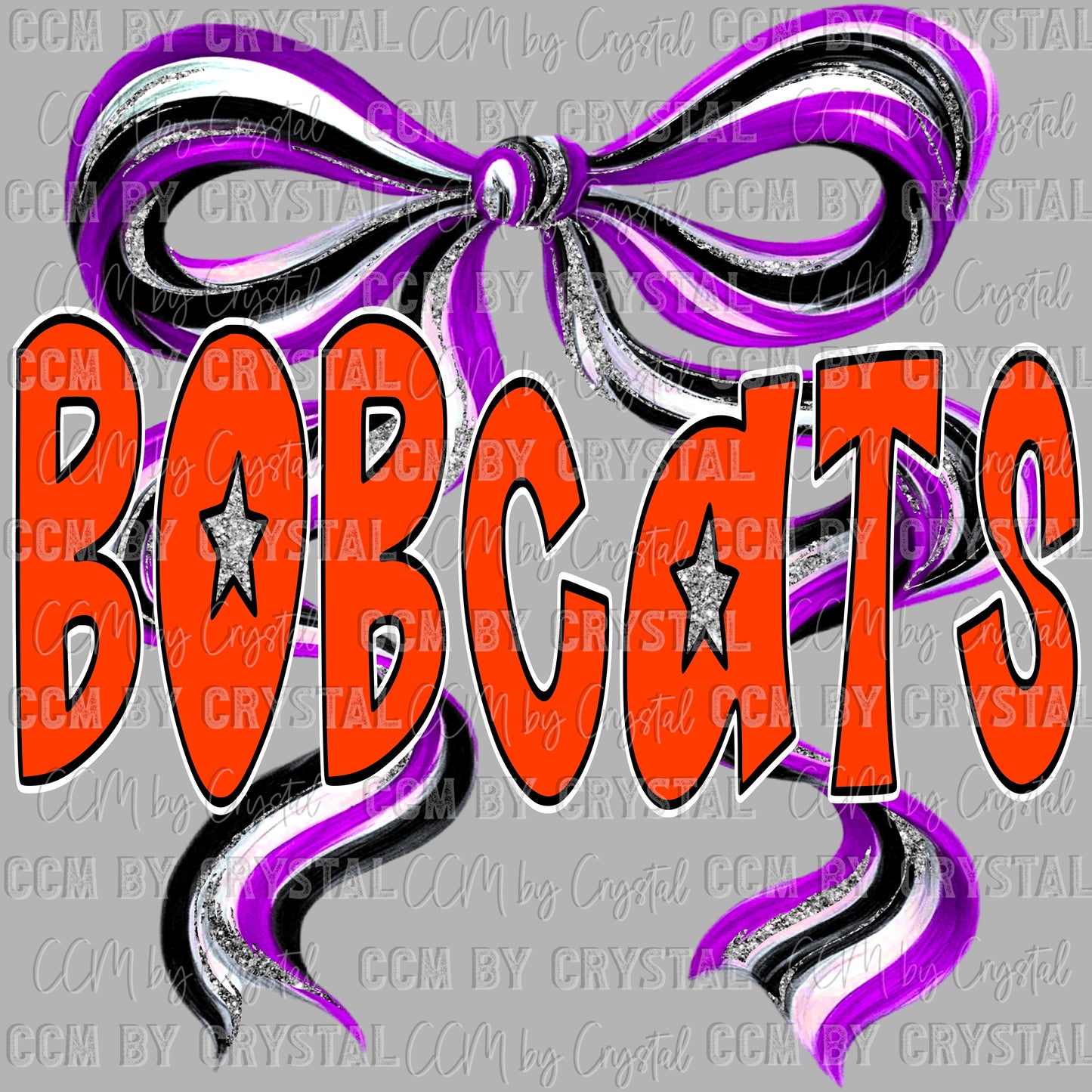 Bobcats Long Tail Bow Orange and Purple Mascot Ready to Press Transfer DTF Transfer