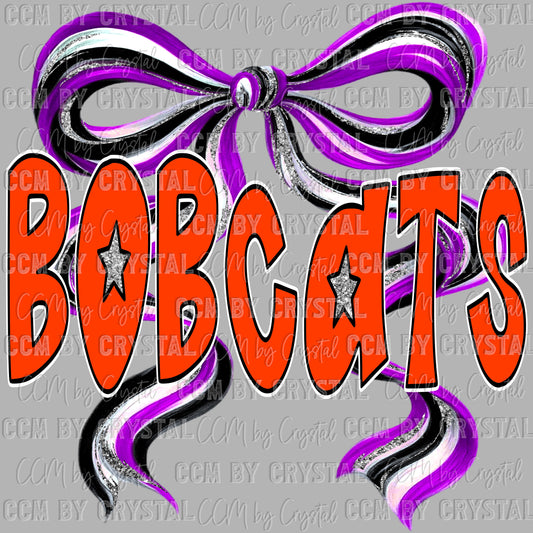 Bobcats Long Tail Bow Orange and Purple Mascot Ready to Press Transfer DTF Transfer
