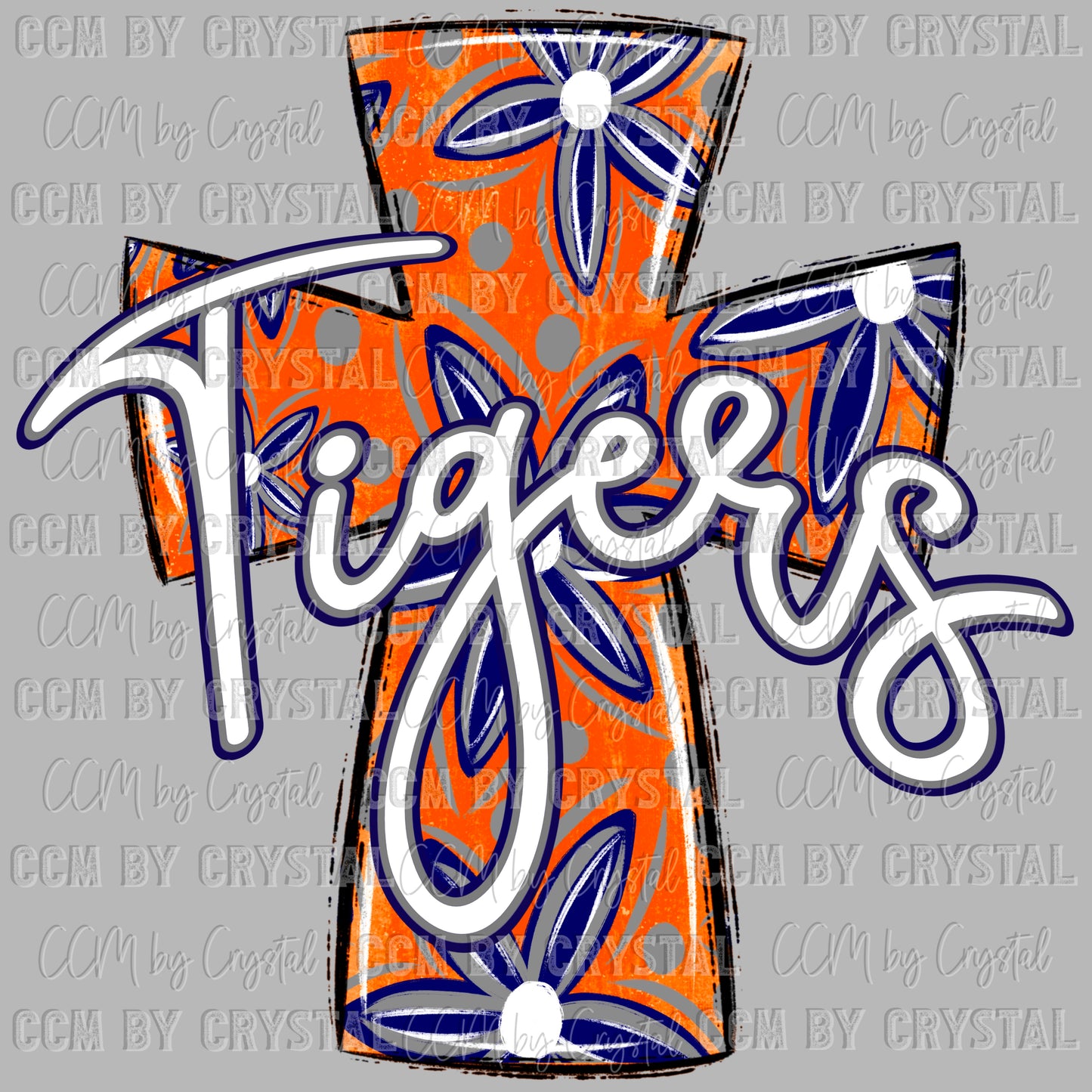 Tigers Cross Floral orange Mascot Ready to Press Transfer DTF Transfer Sublimation Transfer