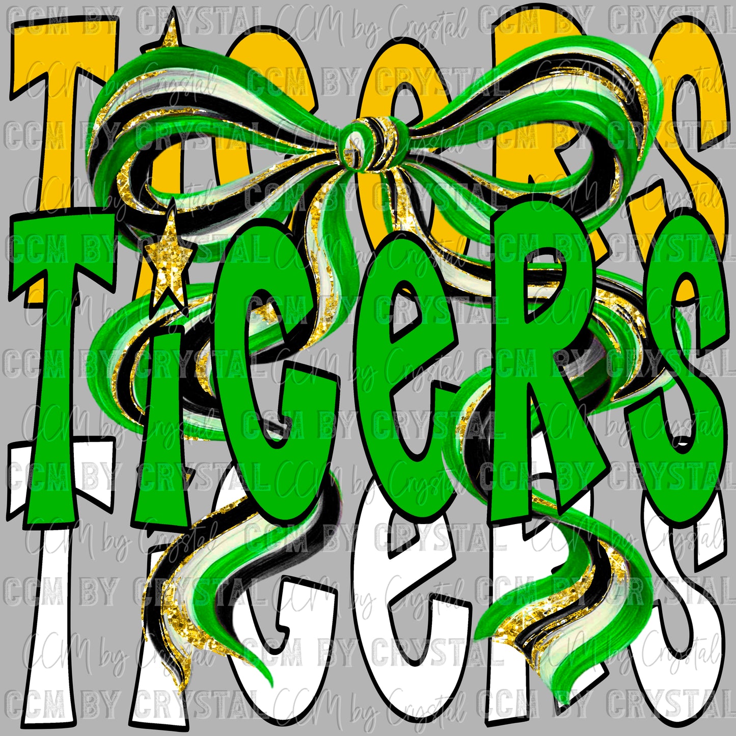Tigers Bow Green and Yellow Gold Mascot Ready to Press Transfer DTF Transfer Sublimation Transfer