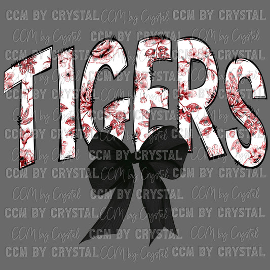 Red Black and White Tigers Mascot Toile Flowers Ready to Press Transfer DTF Transfer Sublimation Transfer