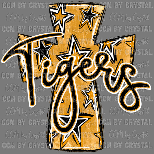 Tigers Cross Gold and Black Mascot Ready to Press Transfer DTF Transfer Sublimation Transfer