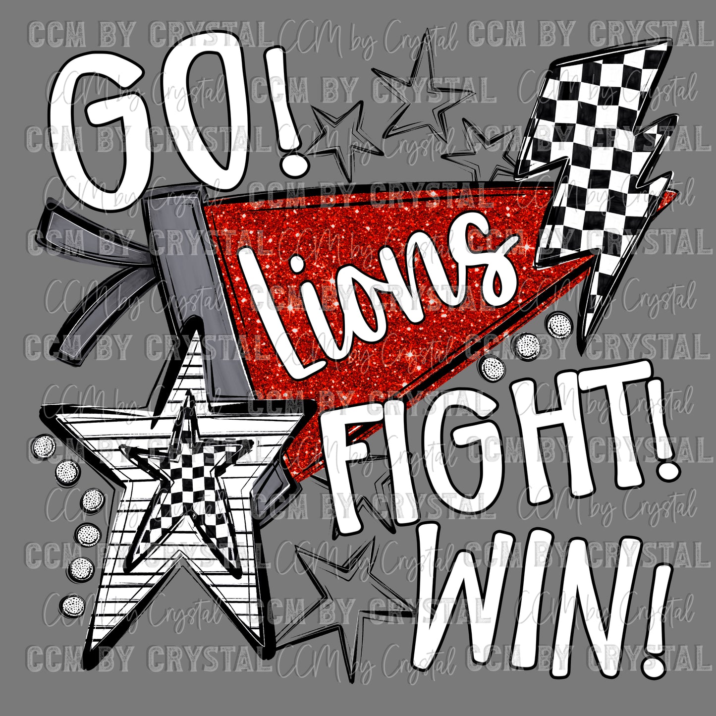 Lions Go Fight Win Red Mascot Faux Glitter Ready to Press Transfer DTF Transfer Sublimation Transfer