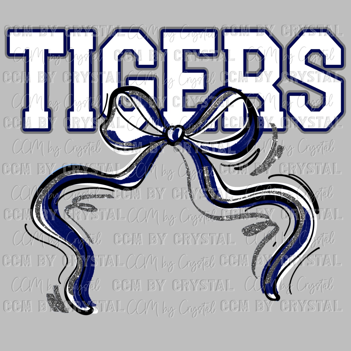 Tigers Bow Navy White and Grey Mascot Ready to Press Transfer DTF Transfer Sublimation Transfer