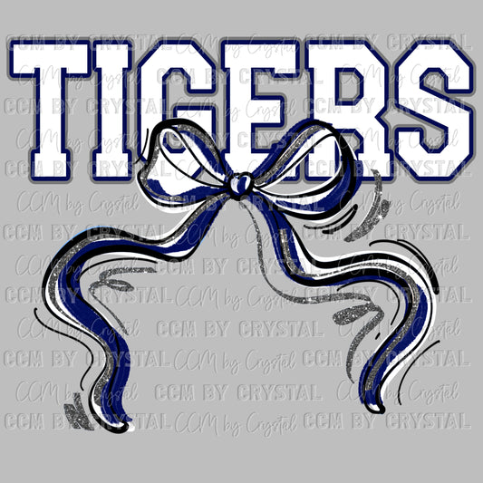Tigers Bow Navy White and Grey Mascot Ready to Press Transfer DTF Transfer Sublimation Transfer