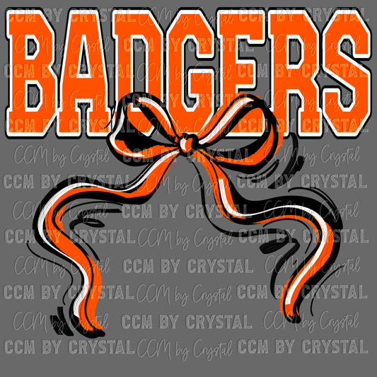 Badgers Bow Black White and Orange Mascot Ready to Press Transfer DTF Transfer Sublimation Transfer