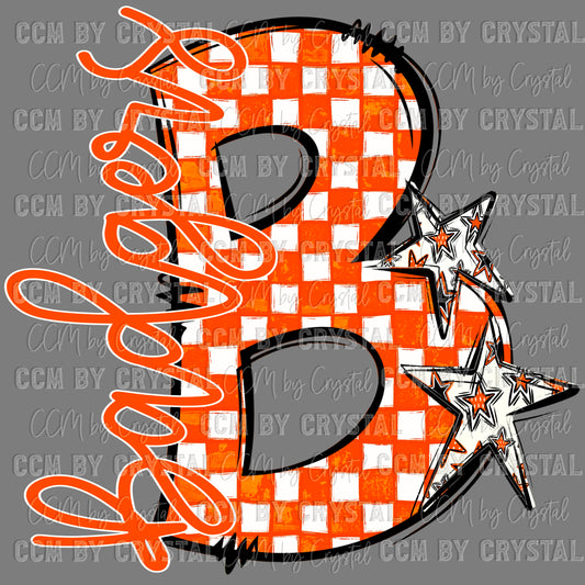 B Badgers Orange Checkered Mascot Ready to Press Transfer DTF Transfer Sublimation Transfer