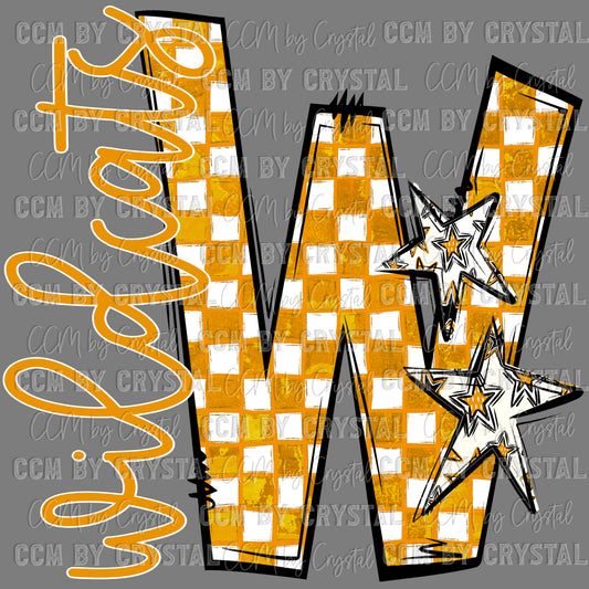W Wildcats Gold Checkered Mascot Ready to Press Transfer DTF Transfer Sublimation Transfer