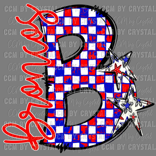 B Broncos Red and Blue Checkered Mascot Ready to Press Transfer DTF Transfer Sublimation Transfer