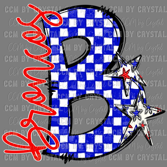 B Broncos Red and Blue Checkered Mascot Ready to Press Transfer DTF Transfer Sublimation Transfer