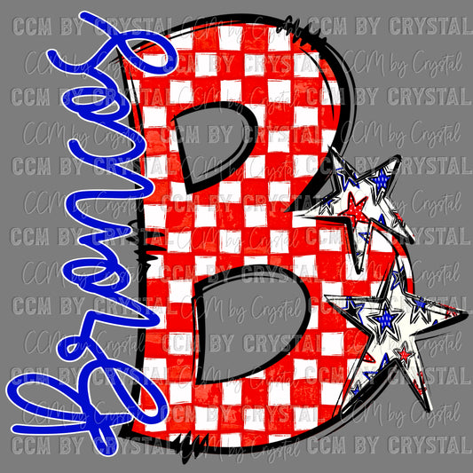 B Broncos Red and Blue Checkered Mascot Ready to Press Transfer DTF Transfer Sublimation Transfer
