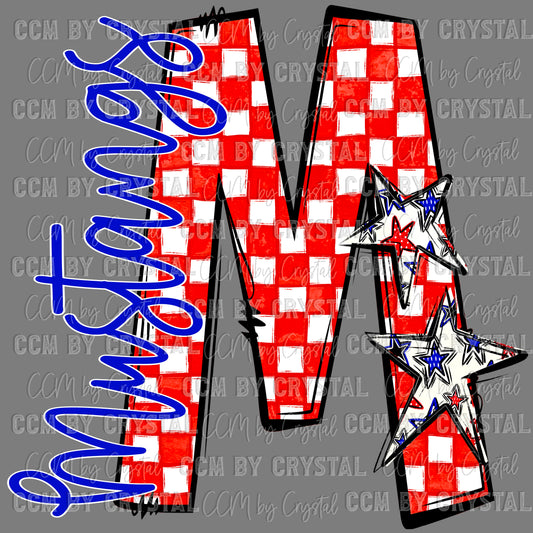 M Mustangs Red and Blue Checkered Mascot Ready to Press Transfer DTF Transfer Sublimation Transfer
