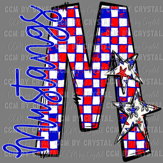 M Mustangs Red and Blue Checkered Mascot Ready to Press Transfer DTF Transfer Sublimation Transfer